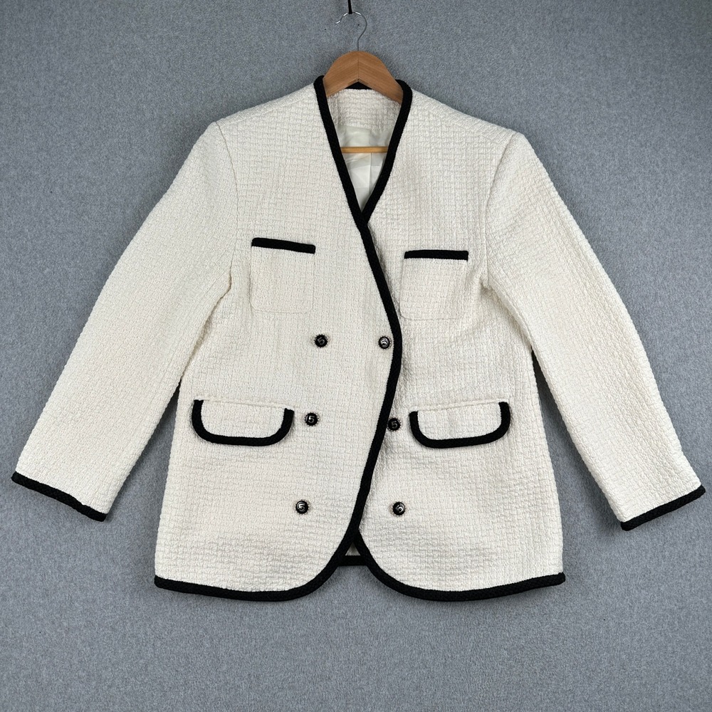 Pink Blazer Womens S White Tweed Double Breasted Contrast Trim Jacket No Collar